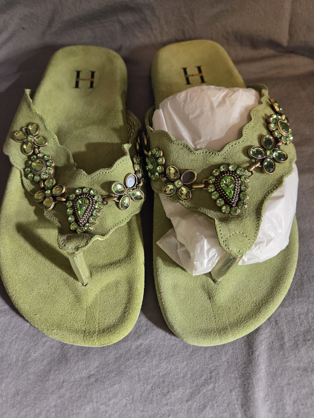 Heidi Klum Bejeweled Green Suede Thong Sandals